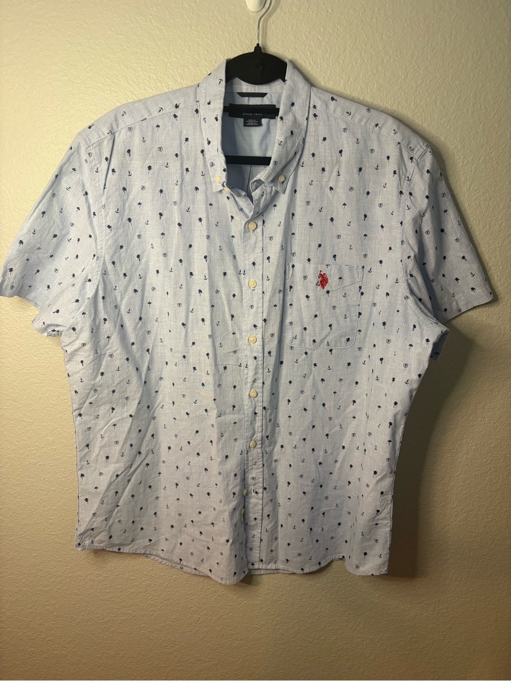 Light Blue Short-Sleeve Button-Down Shirt with Palm Print - Polo